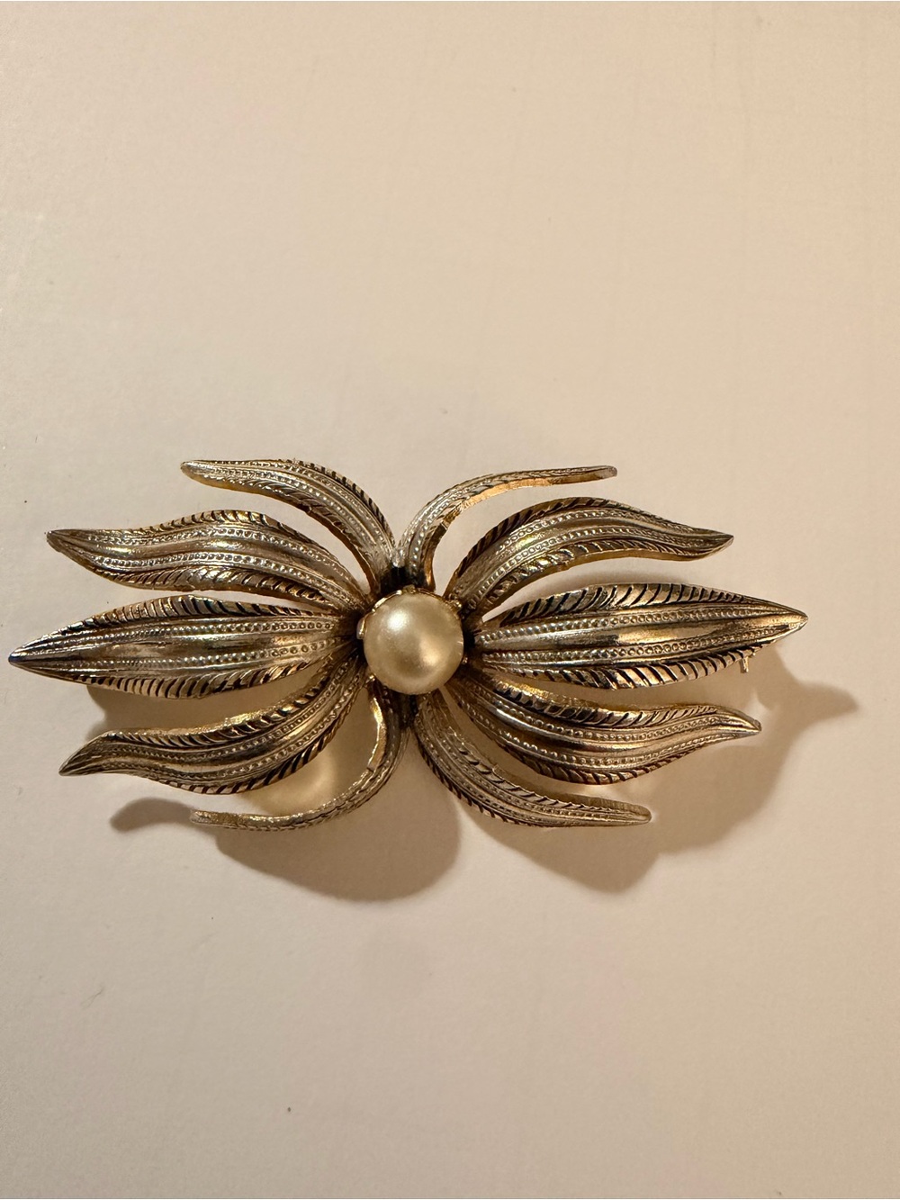 Vintage Spain Gold Two Tone Leaf Brooch Faux Pearl Statement Pin